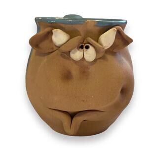 Unique Vintage Hand Thrown Sky Blue Tan Goofy Cow Oversize Coffee Mug Farmhouse